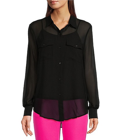 DKNY Woven Chiffon Button Down Collared Blouse