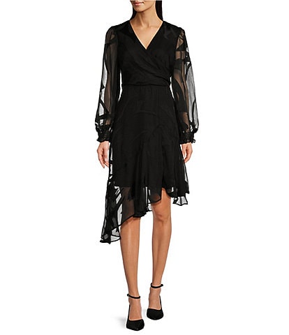 DKNY Woven Crossover Surplice Neck Balloon Long Sleeve Asymmetrical Ruffle Hemline Burnout Print Dress