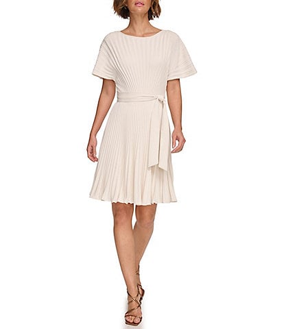 DKNY Woven Fit And Flare Boat Neck Short Sleeve Tie Belt Pleated Knee Length Mini Dress