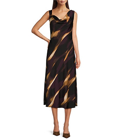 DKNY Woven Printed Sheath Silhouette Drape Neckline Sleeveless Bow Detail Midi Dress