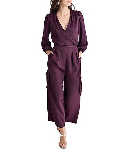 DKNY Woven Satin Surplice V-Neck Long Sleeve Side Pocket Crop Utility Jumpsuit