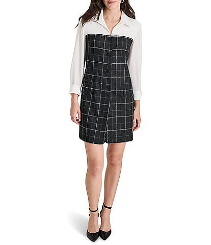 DKNY Woven Sheath Collar Neck Long Sleeve Button Down Front And Cuffs Windowpane White Shirt Combo Dress