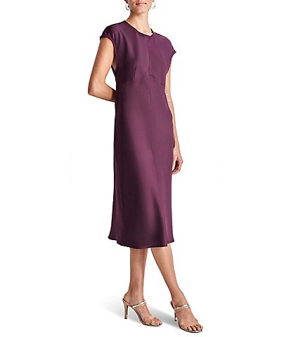 DKNY Woven Sheath Round Neck Cap Sleeve Seam Detail Midi Dress