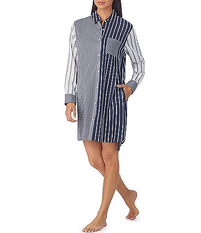 DKNY Woven Striped Patchwork Print Long Sleeve Button-Front Nightshirt
