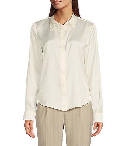 DKNY Woven Twill Collared Button Front Contrast Stitch Shirt