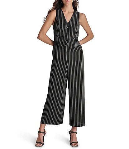 DKNY Woven Two Piece Mock Vest V Neck Sleeveless Vertical Stripe Button Front Jumpsuit