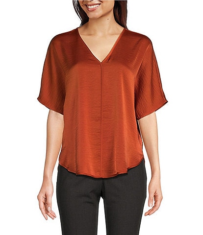 DKNY Woven V-Neck Short Sleeve Blouse