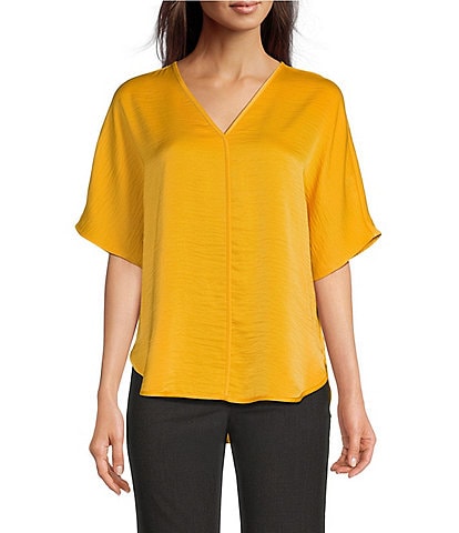 DKNY by Donna Karan Woven V-Neck Short Sleeve Blouse