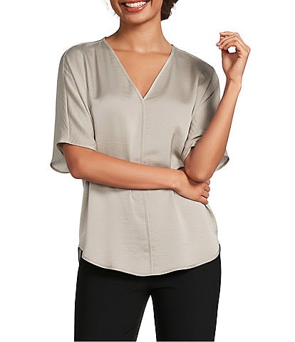 DKNY by Donna Karan Woven V-Neck Short Sleeve Blouse
