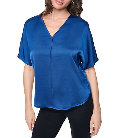 DKNY by Donna Karan Woven V-Neck Short Sleeve Blouse