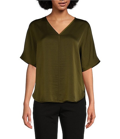 DKNY Woven V-Neck Short Sleeve Blouse