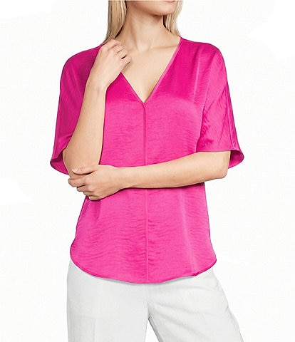 DKNY by Donna Karan Woven V-Neck Short Sleeve Blouse