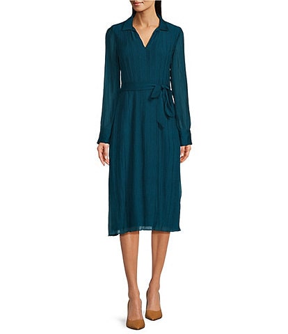 DKNY by Donna Karan Woven Wrap Silhouette Polo Collar Long Sleeve Tie Belt Ruffle Hemline Midi Dress