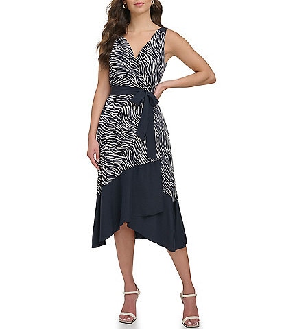 DKNY Zebra Surplice V-Neckline Sleeveless Faux Wrap Dress