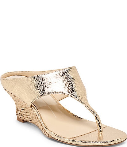 Dolce Vita Symon Metallic Lizard Embossed Leather Raffia Wedge Thong Sandals