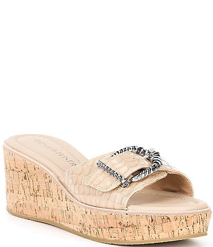 Donald Pliner Alfee Patent Leather Croco Buckle Banded Wedge Slide Sandals