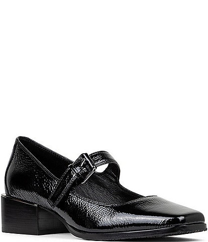 Donald Pliner Amiya Crinkle Patent Leather Stack Heel Mary Jane Pumps