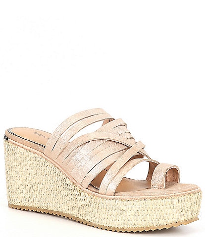 Donald Pliner Ithaca Metallic Leather Strappy Raffia Platform Wedge Sandals