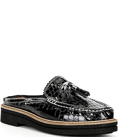 Donald Pliner Lyndall Croco Printed Patent Leather Tassel Mule Loafers