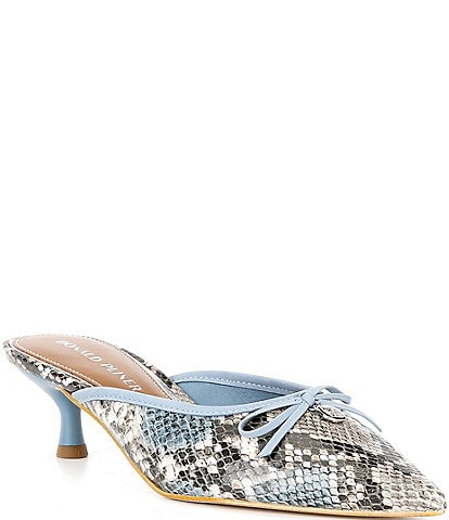 Donald Pliner Soel Snake Printed Leather Bow Kitten Heel Mules
