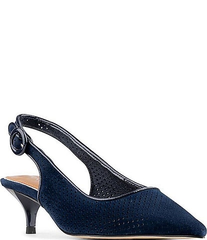 Donald Pliner Soraya Perforated Suede Pointed Toe Slingback Kitten Heel Pumps