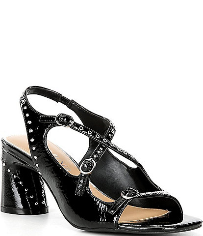 Donald Pliner Vasta Patent Leather Triple Buckle Ankle Strap Studded Block Heel Sandals