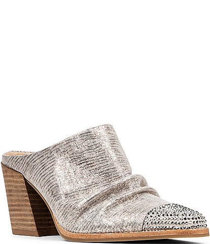 Donald Pliner Westan Distressed Metallic Leather Crystal Cap Toe Western Mules