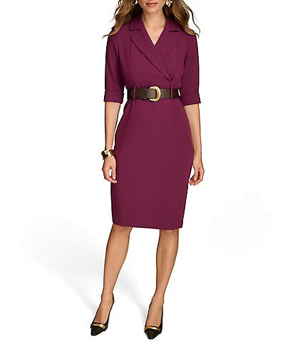 Donna Karan 3/4 Sleeve V-Neck Belted Crepe Faux Wrap Dress