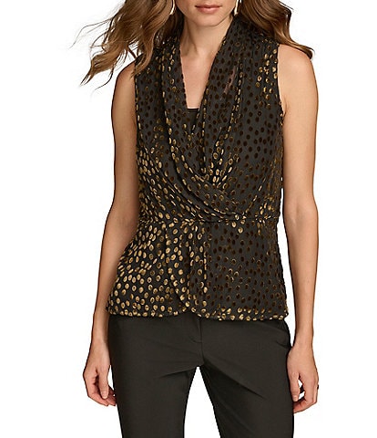 Donna Karan Abstract Dot Burnout Sleeveless Faux Wrap Top