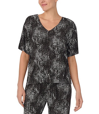 Donna Karan Abstract Print Short Sleeve V-Neck Lounge Top