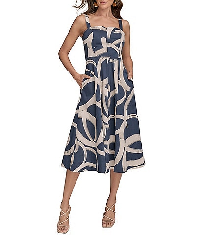Donna Karan Abstract Print Sweetheart Neck Midi Dress