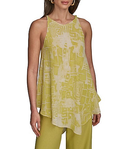 Donna Karan Abstract Printed Crew Neck Sleeveless Angled Top