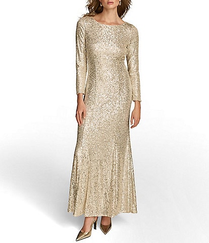 Donna Karan All Over Sequin Round Neck Long Sleeve Sheath Gown