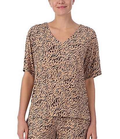 Donna Karan Animal Print Short Sleeve V Neck Jersey Knit Sleep Top