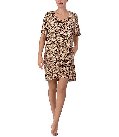 Donna Karan Animal Print Short Sleeve V-Neck Knit Lounge Dress