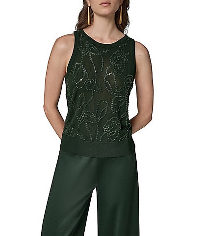 Donna Karan Beaded Geometric Pattern Crew Neck Sleeveless Sweater Tank