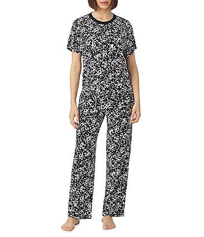 Donna Karan Black Floral Print Short Sleeve Round Neck Knit Pant Pajama Set