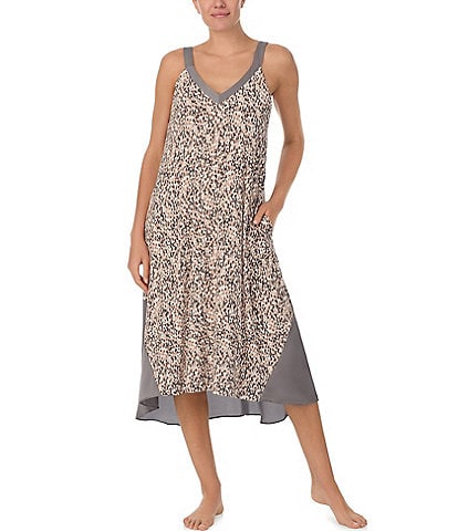 Donna Karan Blurred Dot Print Sleeveless V-Neck Knit Long Nightgown