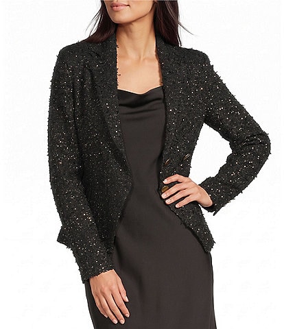 Donna Karan Boucle Notch Lapel Long Sleeve Double Breasted Blazer