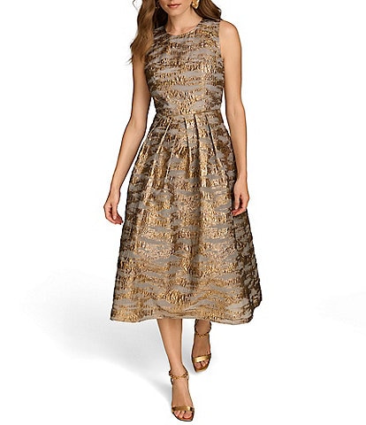 Donna Karan Brocade Crew Neck Sleeveless Metallic A-Line Midi Dress