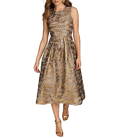 Donna Karan Brocade Crew Neck Sleeveless Metallic A-Line Midi Dress