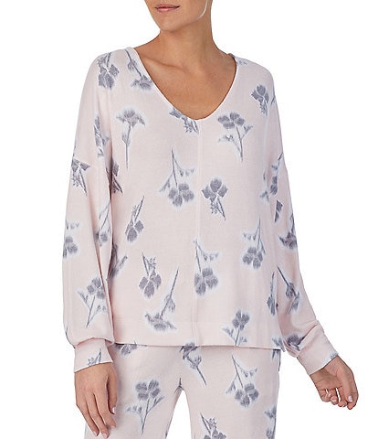 Donna Karan Brushed Marl Rose Print Long Sleeve V-Neck Coordinating Sleep Shirt