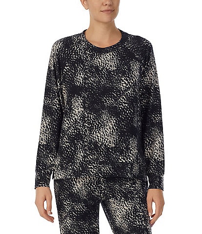 Donna Karan Brushed Sweater Knit Abstract Print Long Sleeve Round Neck Coordinating Lounge Top