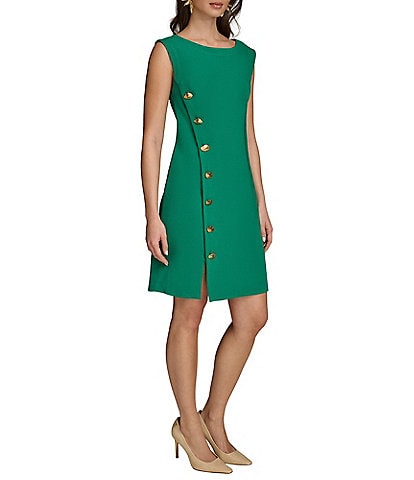 Donna Karan Cady Crepe Boat Neck Cap Sleeve Button Front Detail Sheath Dress