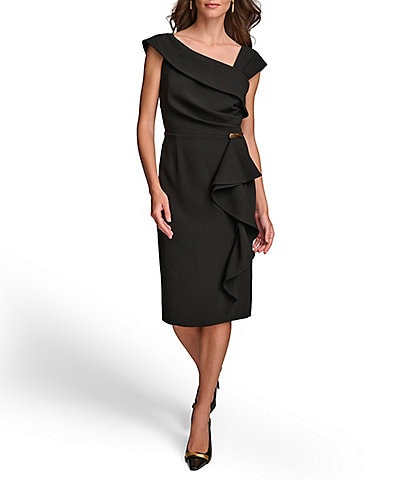 Donna Karan Cap Sleeve Asymmetrical Neck Front Ruffle Crepe Dress