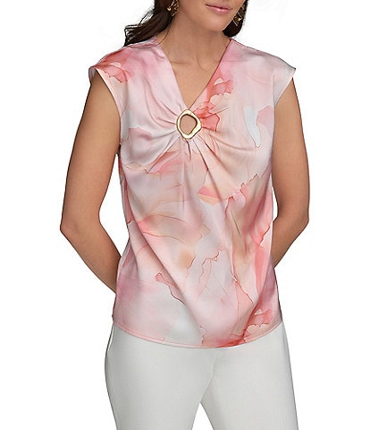 Donna Karan Cap Sleeve Gold Hardware Keyhole Blouse