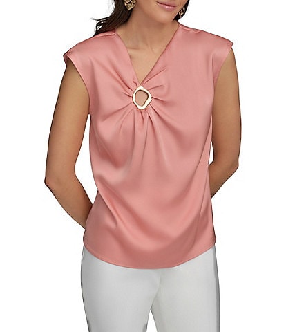 Donna Karan Cap Sleeve Gold Hardware Keyhole Blouse