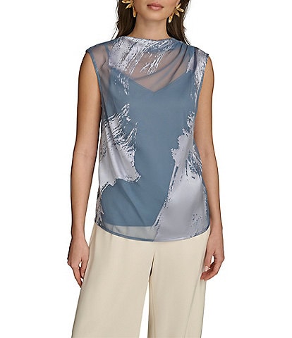 Donna Karan Charmeuse Burnout Ruched Mock Neck Pleated Shoulder Sleeveless Top