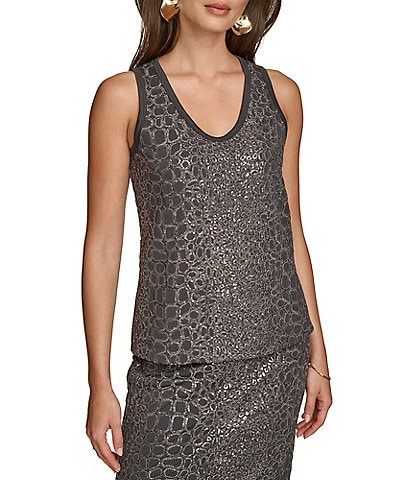 Donna Karan Chenille Croc Sequin Embellished Scoop Neck Tank Top