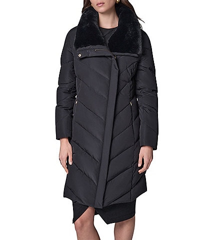 Donna Karan Chevron Pattern High Neck Down Filled Asymmetrical Zip Front Puffer